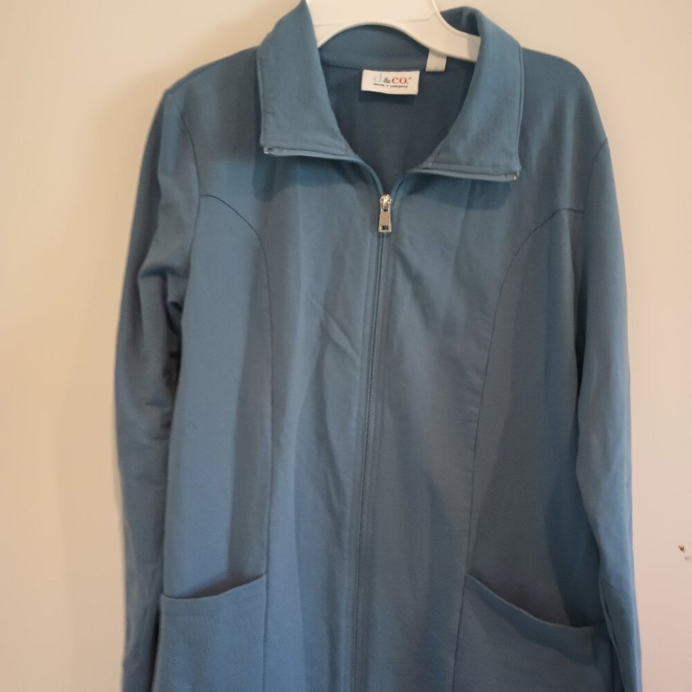 Denim & Co. French Terry Cotton Tunic Jacket-Med Denim Blue-Petite XS
